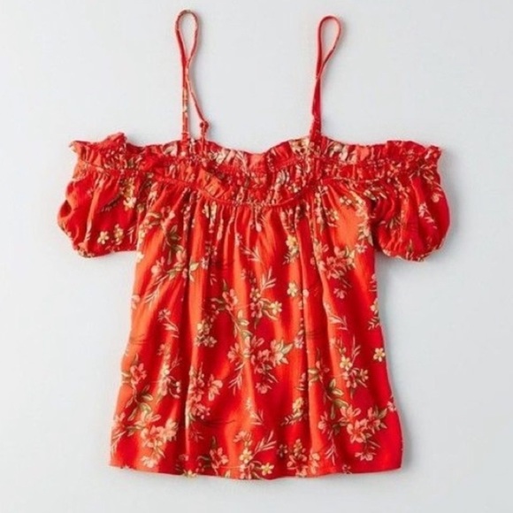 American Eagle Outfitters Tops - American Eagle Red Floral Cold Shoulder Button Down Top